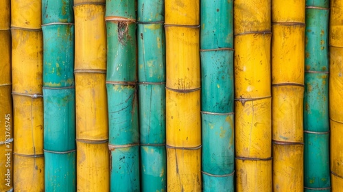  a close up of a bunch of yellow and teal bamboo poles with blue and yellow paint on the ends.