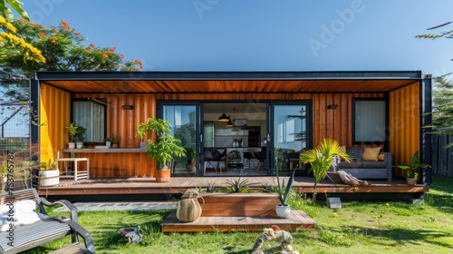 Modern shipping container house home, tiny house in sunny day. Shipping container houses is sustainable, eco-friendly living accommodation or holiday home