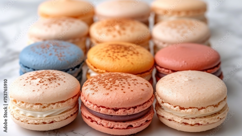 a group of macaroons sitting on top of a white counter top next to each other on top of a table. a group of macaroons sitting on top of a white counter top next to each other on top of a table.