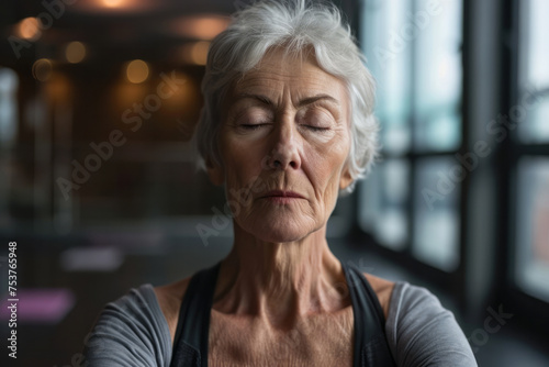 Portrait of elderly woman sits in the lotus position meditating in a yoga studio. Mental and spiritual health development at any age 
