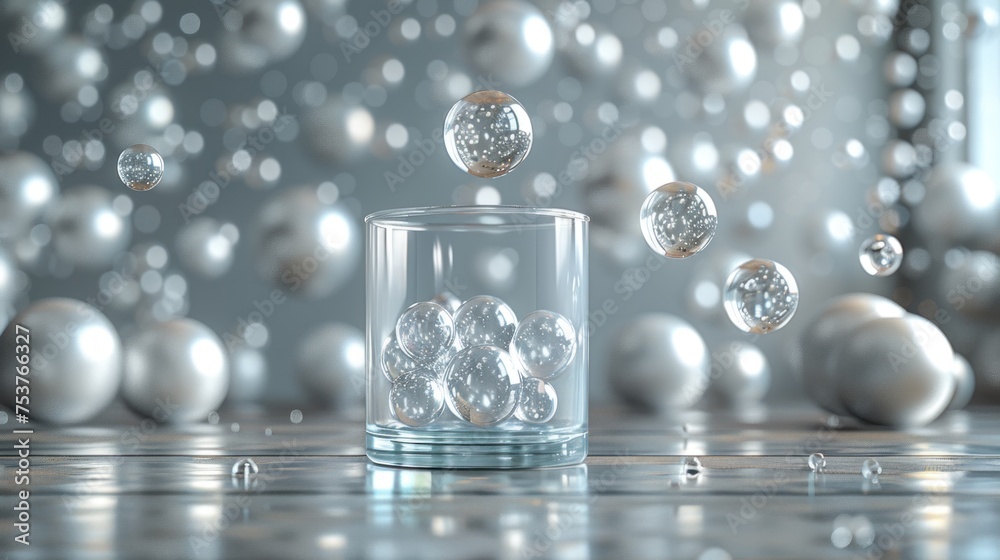 a glass filled with lots of bubbles sitting on top of a silver table next to a silver and white christmas tree. a glass filled with lots of bubbles sitting on top of a silver table next to a silver and white christmas tree.