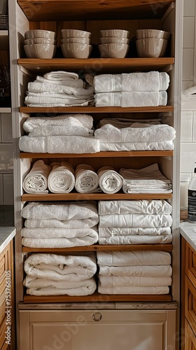Neatly Organized Linen Closet with Towels and Bowls