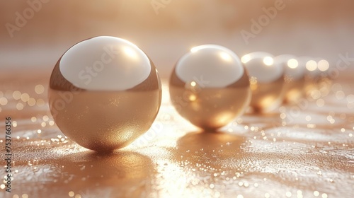 a row of shiny balls sitting on top of a wooden table next to a white ball on top of a wooden table. photo