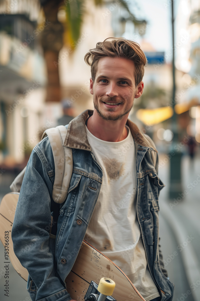 Caucasian man walking in the city with his skateboard. Caucasian man walking in the city with his skateboard.