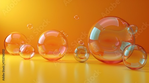 a group of soap bubbles floating on top of a yellow and orange surface with bubbles coming out of the top of the bubbles. photo