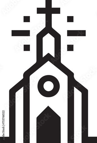 Tall black and white church with a cross on top