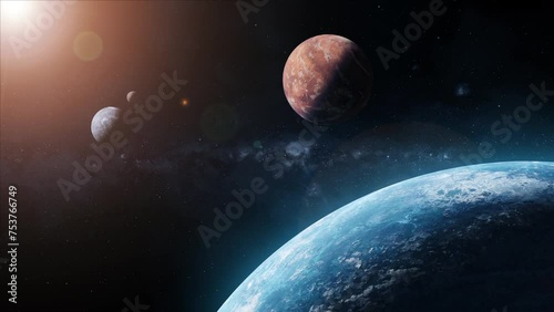 3D planets rotates in space among stars. Cosmic 3D animation.