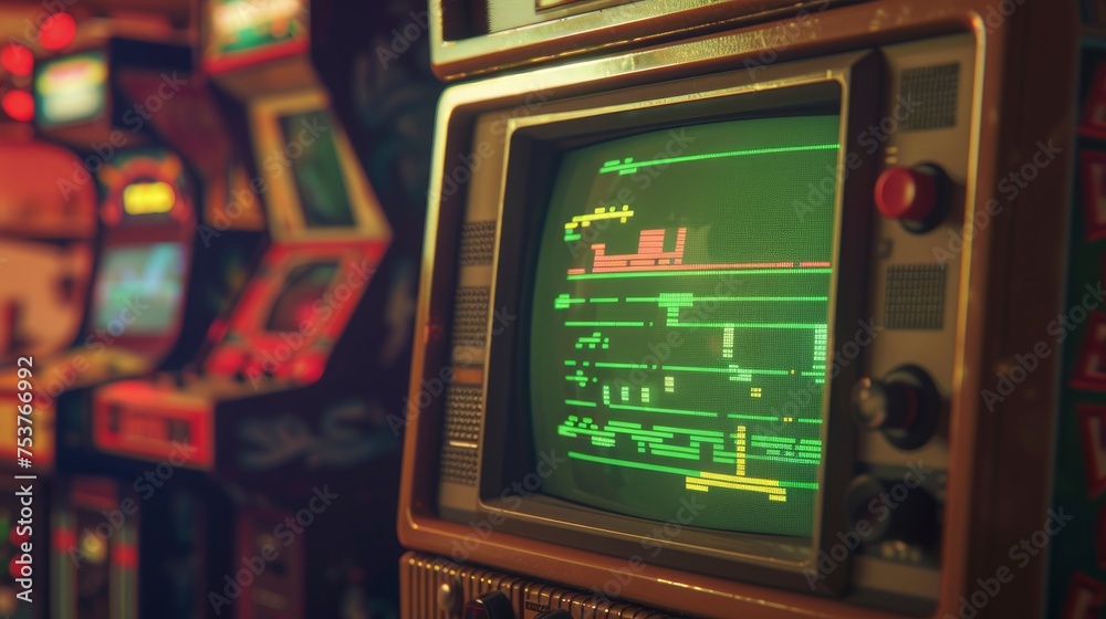 Retro Gaming Vibes. Close-Up of Eighties Inspired Console Arcade Video Game on a Vintage TV Screen. Player Anticipates New Level as Green Progress Bar Moves.