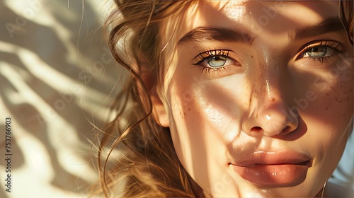 Sunkissed Freckled Woman with Intense Gaze A detailed close-up of a woman with freckles  her gaze intensified by the dramatic play of sunlight and shadow.  