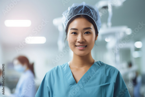 Portrait of asian woman doctor medical worker in surgical clothing in an operating room, concept of surgery and professionalism in the medical field 