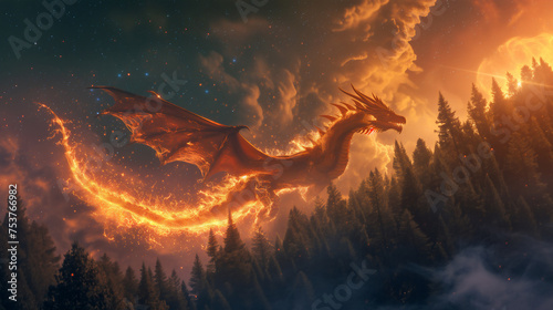 A dragon is flying through a forest with orange