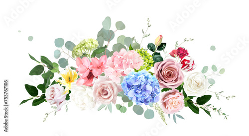 Bright hydrangea flowers, roses, tulips, peony, carnation, greenery and eucalyptus. Easter vector bouquet photo