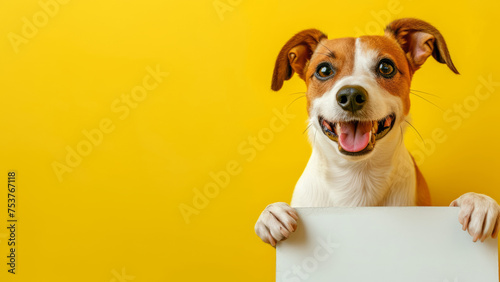 Happy adorable dog peeking out from behind a plain blank billboard banner with copyspace for text