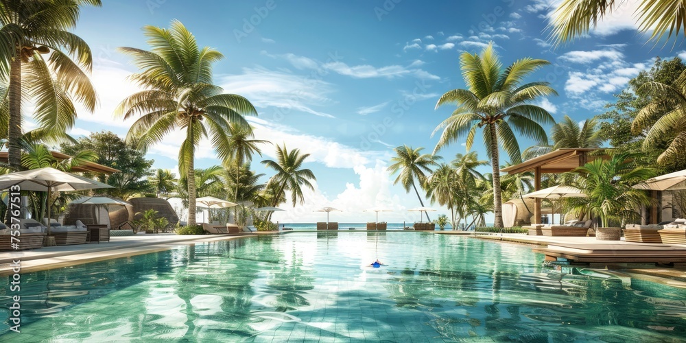 Tropical Paradise. Island Palm Trees, Swimming Pools, and Sunshine on a Perfect Sunny Day.