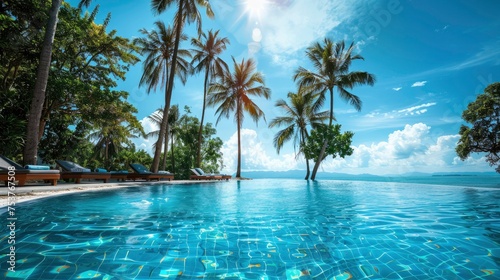 Tropical Paradise. Island Palm Trees  Swimming Pools  and Sunshine on a Perfect Sunny Day.