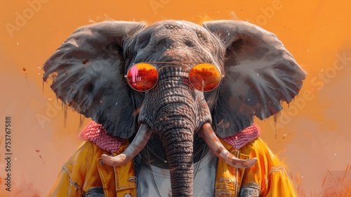 a painting of an elephant with sunglasses on it s head and a yellow jacket over it s shoulders.
