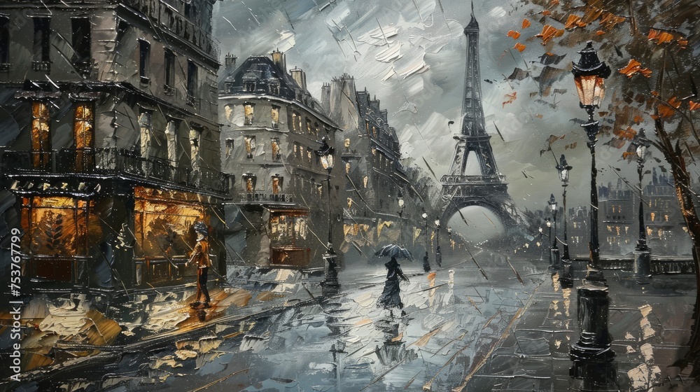 Parisian Noir, Moody Rainy Day in Vintage Style, Captured in an Oil Painting with Rich Gold and Silver Tones, Evoking the Timeless Elegance of the City of Light. - obrazy, fototapety, plakaty 