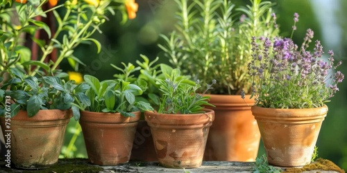 Herbal Haven. Creating a Garden Oasis by Arranging Herbs in Rustic Terracotta Pots.