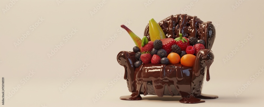 Un gâteau en forme de fauteuil avec des fruits et du chocolat coulant sur les côtés, image avec espace pour texte. - obrazy, fototapety, plakaty 