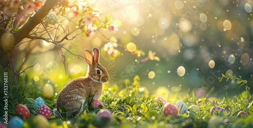 Easter background with a rabbit and colorful eggs on green grass a spring blooming tree in the back Generative AI