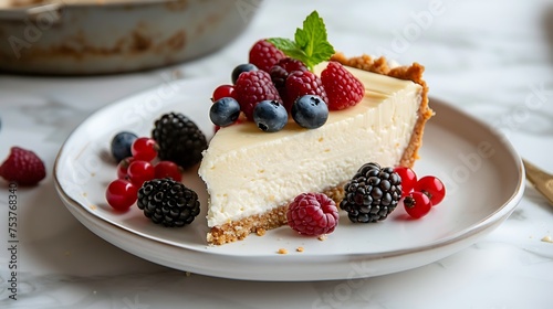 A slice of creamy cheesecake with berries, on white