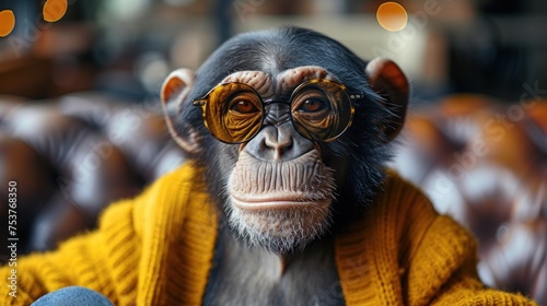 a close up of a monkey wearing a sweater and eyeglasses with a person's legs in the background. © Shanti