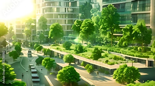 Green city of the future. City of the future. Harmony of city and nature. Sunny day in the big city. Deserted quarter, streets without people and car