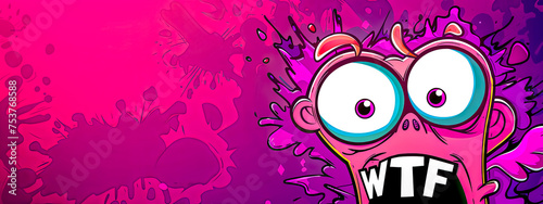 Surprised cartoon character with wtf expression on pink splash background, copy space