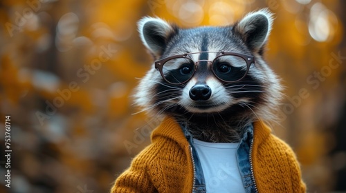 a raccoon wearing glasses and a sweater in front of a blurry background of yellow leaves and trees.