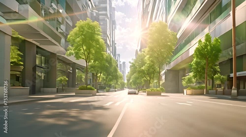 Green city of the future. City of the future. Harmony of city and nature. Sunny day in the big city. Deserted quarter, streets without people and car