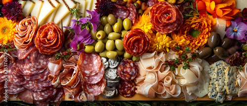 An artisanal charcuterie board, with an impressive array of cured meats, aged cheeses, olives, nuts, dried fruits, and crackers. The meats are thinly sliced and rolled or folded, showcasing their marb