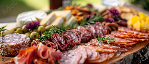An artisanal charcuterie board, with an impressive array of cured meats, aged cheeses, olives, nuts, dried fruits, and crackers. The meats are thinly sliced and rolled or folded, showcasing their marb photo