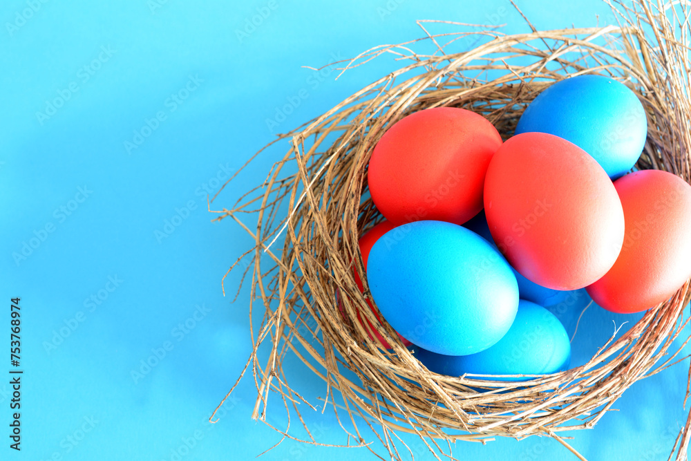 Fototapeta premium red and blue easter eggs in the bird's nest top view