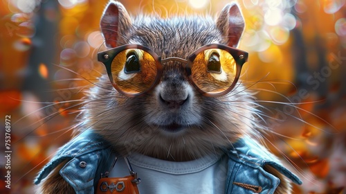 a close up of a rodent wearing glasses and a t - shirt with fall leaves in the back ground. photo