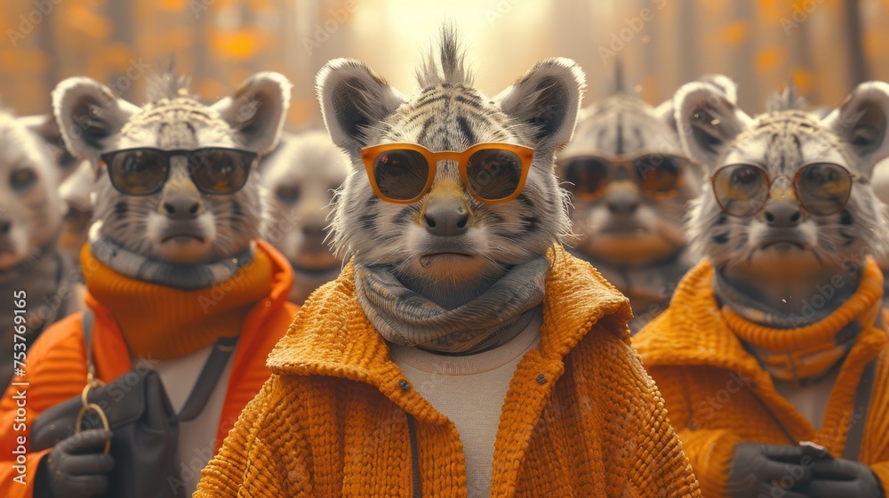 a close up of a person wearing a cat mask with many other cats in the background wearing orange sweaters and sunglasses.