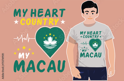 My Heart Country My Macau, Country flag T-shirt Design, Macau Typography Design.