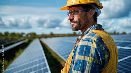 Engineer looking at a solar park, clean energy. Generative AI. © visoot