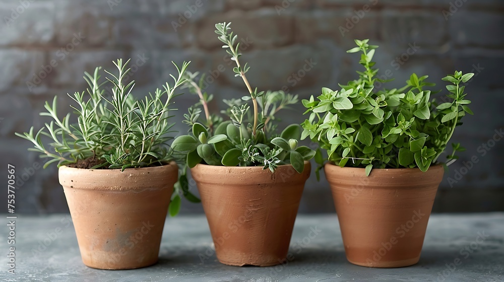 a selection of fresh herbs like rosemary, thyme, and sage arranged in a simple clay pot