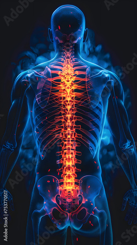Illustration of back pain, highlighted in red in the spine area.