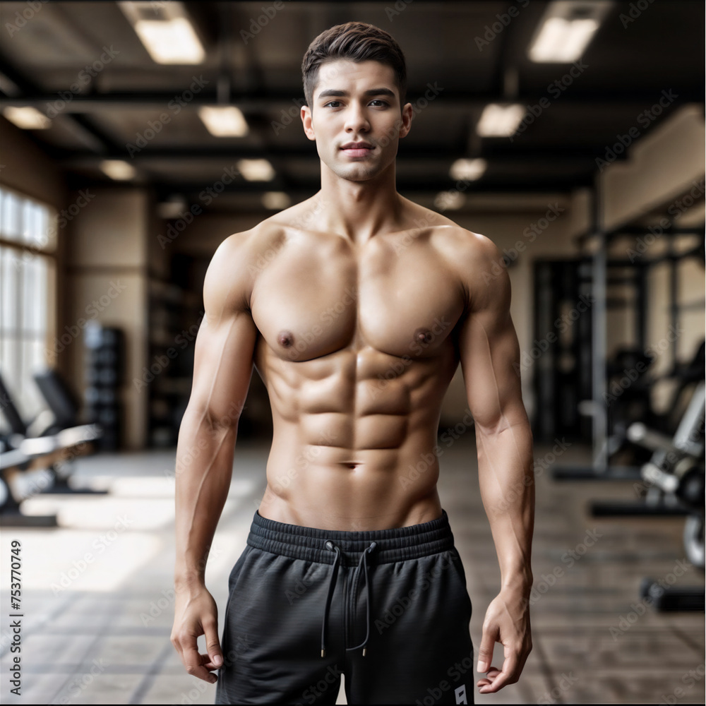 Beautiful man in gym fitnes posing smiling