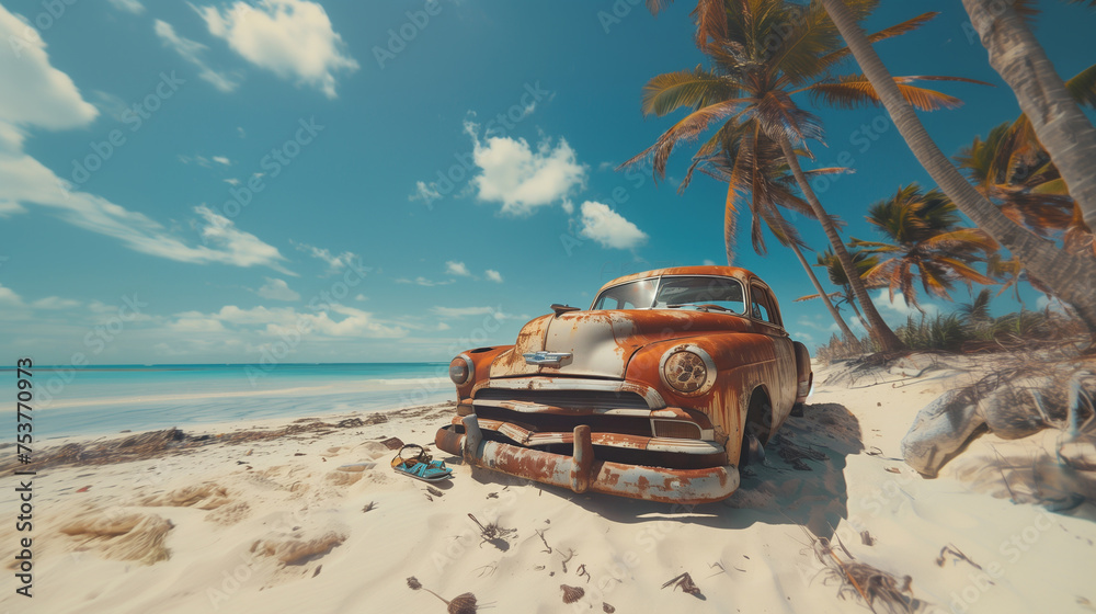 Beautiful Caribbean Cuba island paradise wide white sandy beach with tropic blue sky landscape with a coconut palms. Wide angle lens photo of a rusty 1950s retro car partially buried in hot sand.