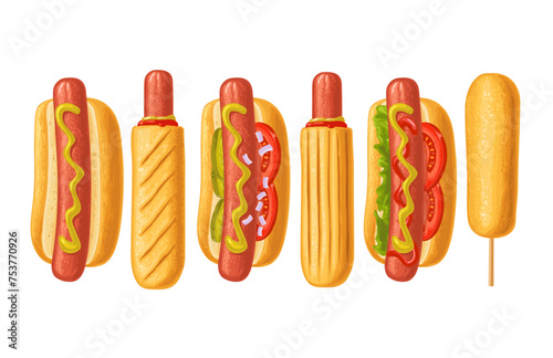 Different types hotdog and corndog with with tomato, ketchup, mayo, leave lettuce, cucumber, mustard, onion. Top view. Vector color flat illustration for poster, menus, web. Icon isolated on white