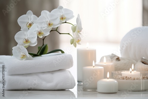 Elegant luxury spa area with folded fluffy white towels in a spa center in soft colors  with softly lit candles around and flowers and plants nearby
