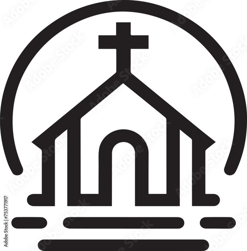 Church with the sun behind it and a sidewalk road in front of it with a cross on top and pilers on the front