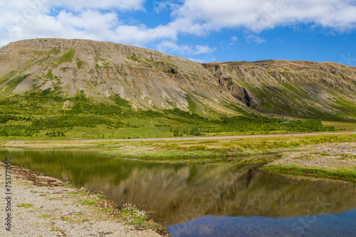 iconic panoramic Mountain View at Sauðlauksdalur next to the famous shipwreck in iceland. In front is a little pond photo