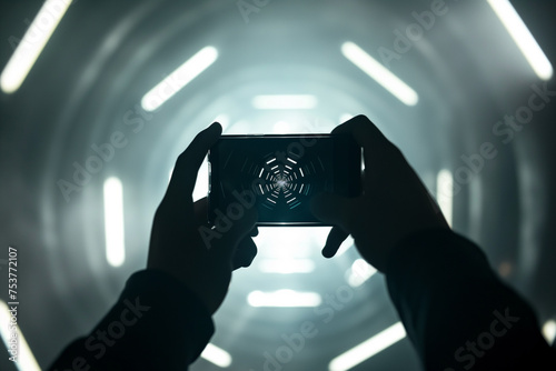Hands of a person capturing futuristic tunnel design with smartphone