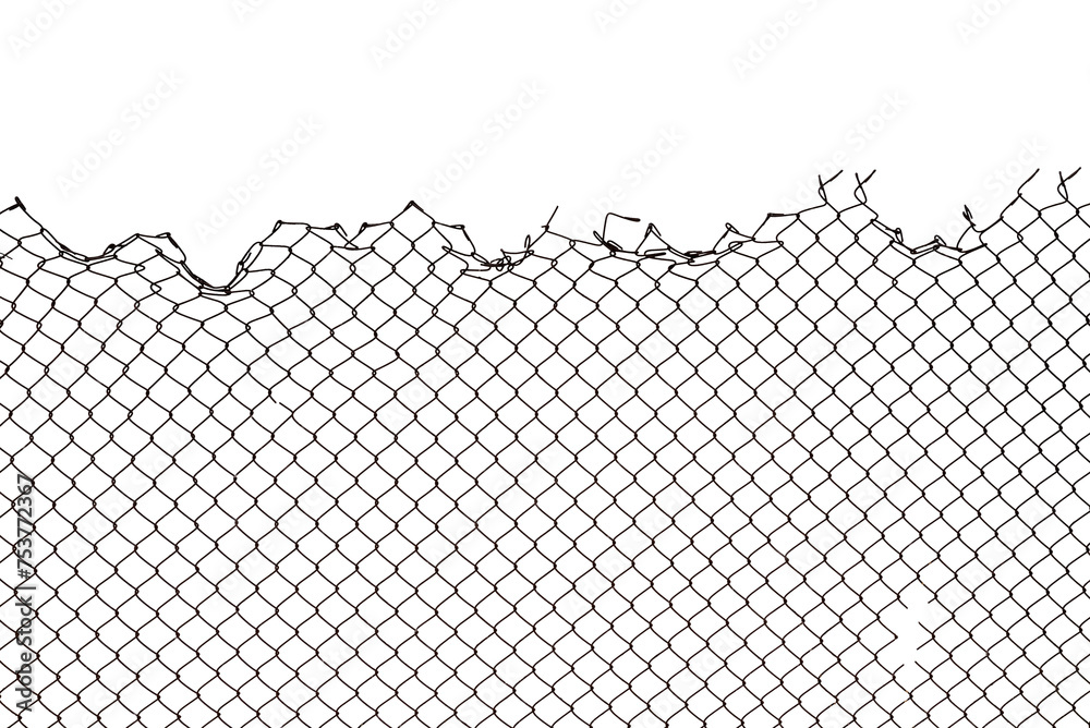 The texture of the metal mesh on a white background. Torn steel, metal mesh with holes - obrazy, fototapety, plakaty 