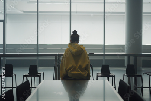 Solitary woman in yellow hoodie seated at an airport terminal waiting area