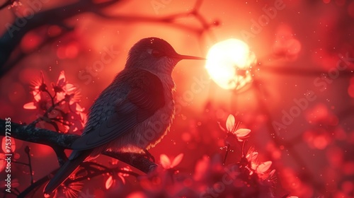 a bird is sitting on a tree branch in front of a bright ball of light that is shining in the background. photo