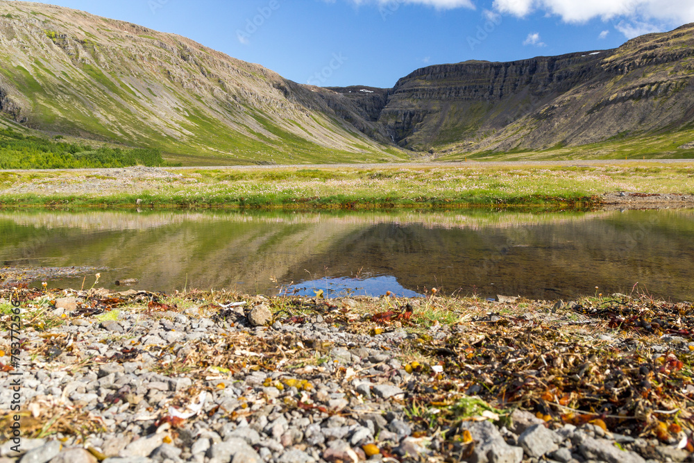 Fototapeta premium iconic panoramic Mountain View at Sauðlauksdalur next to the famous shipwreck in iceland. In front is a little pond